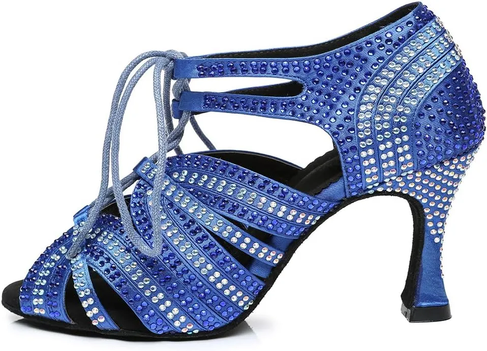 TINRYMX Latin Ballroom Dance Shoes Women Rhinestone with lace-up Salsa Bachata Performance Wedding Dancing Shoes, YCL453