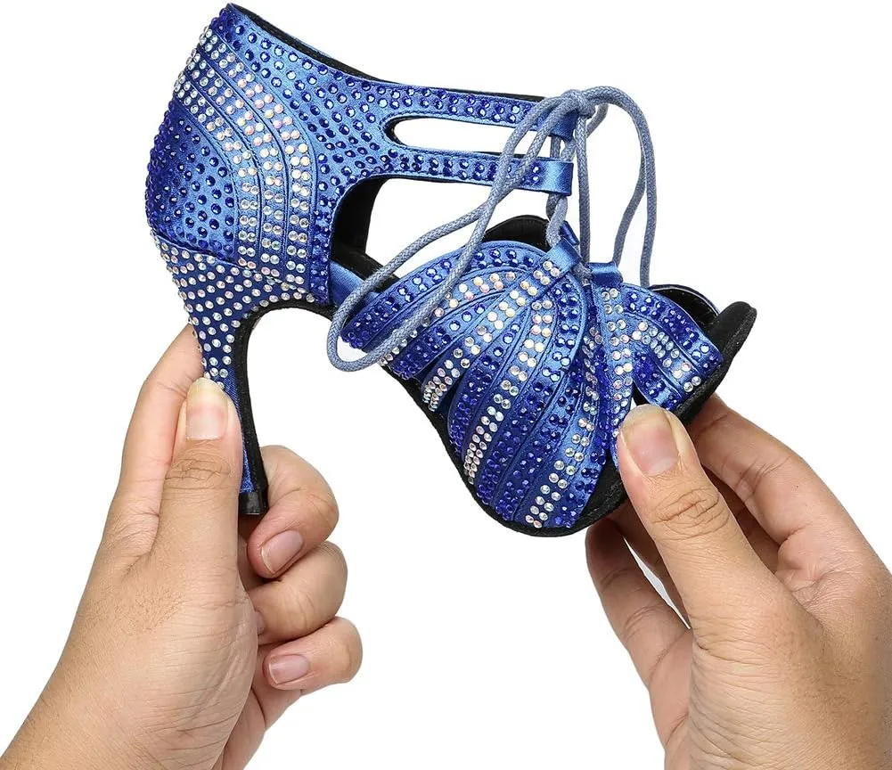 TINRYMX Latin Ballroom Dance Shoes Women Rhinestone with lace-up Salsa Bachata Performance Wedding Dancing Shoes, YCL453