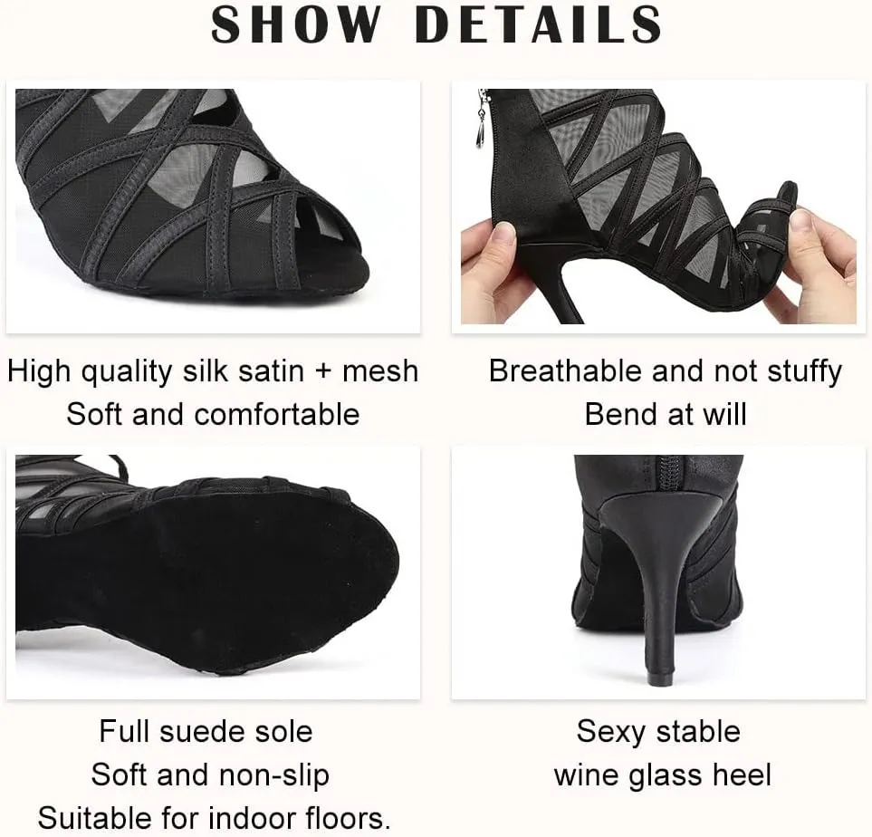 TINRYMX Women's Latin Dance Boots Ballrooom Salsa Tango Open Toe Performance Professional Dance Shoes, Model-YCL445