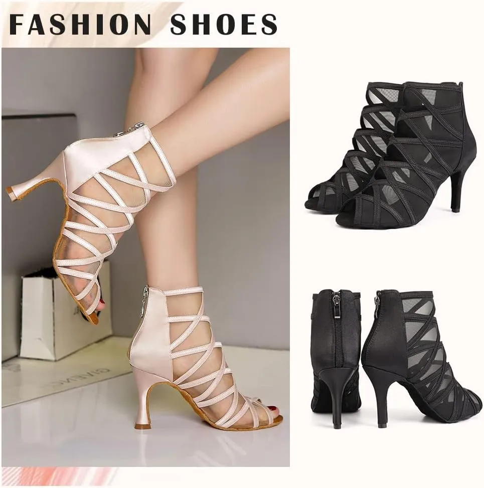 TINRYMX Women's Latin Dance Boots Ballrooom Salsa Tango Open Toe Performance Professional Dance Shoes, Model-YCL445
