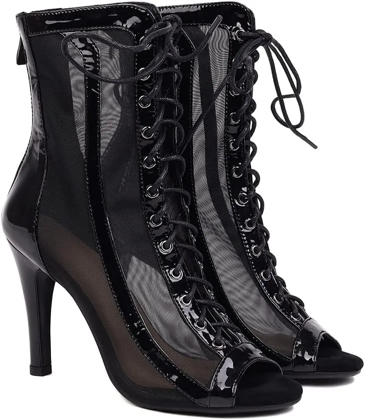 TINRYMX Women's Open Toe Ankle Latin Dance Boots Salsa Ballrooom Performence Practice Party Dance Shoes, Model-DS953