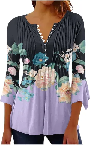 Trendy Tops for Women 2024 Boho Floral Print Empire Waist 3/4 Sleeve Button Down Shirts Casual Loose Bohemian Blouses