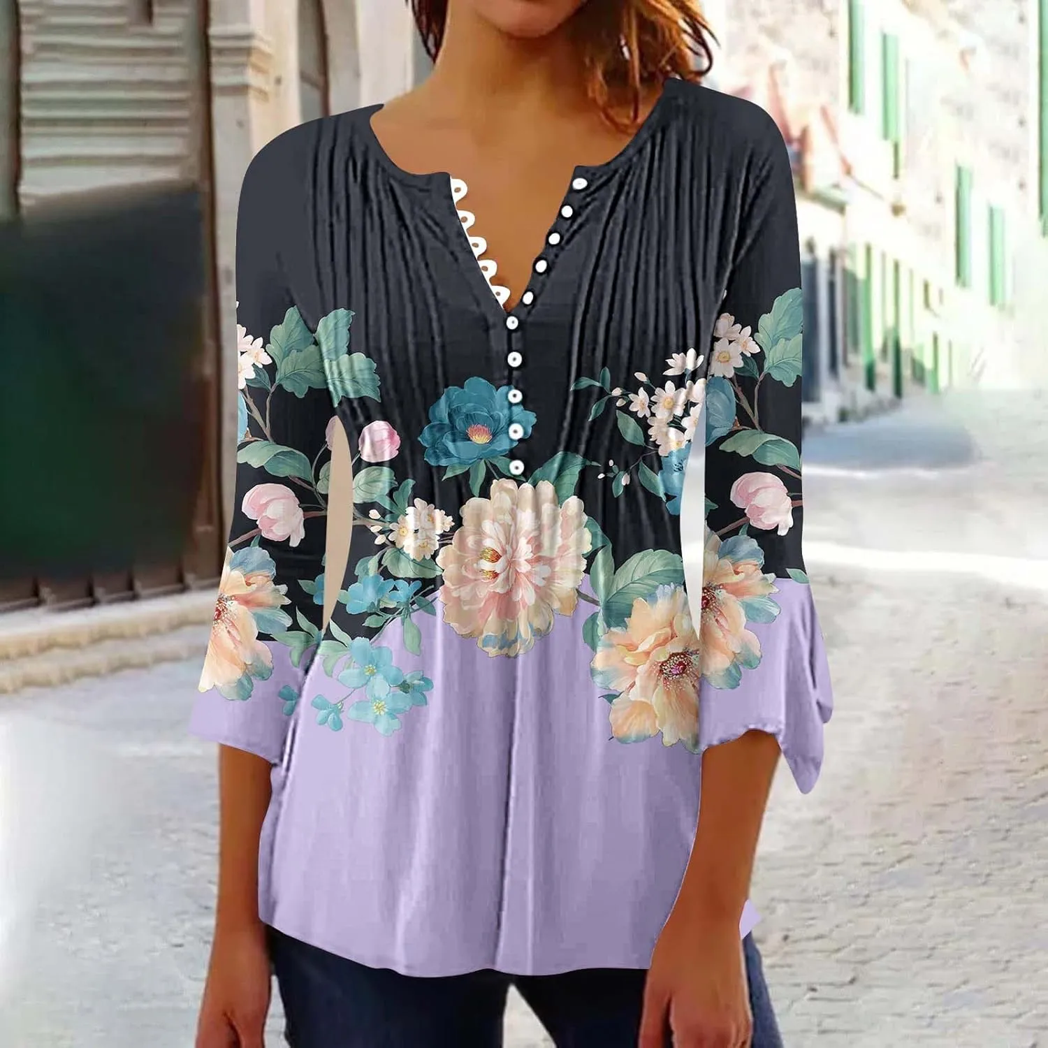 Trendy Tops for Women 2024 Boho Floral Print Empire Waist 3/4 Sleeve Button Down Shirts Casual Loose Bohemian Blouses