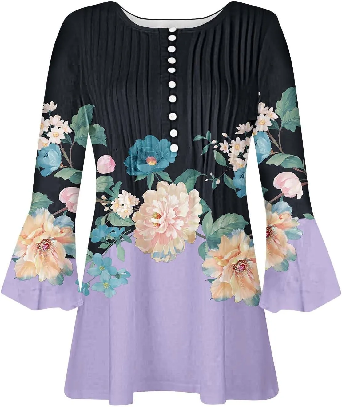 Trendy Tops for Women 2024 Boho Floral Print Empire Waist 3/4 Sleeve Button Down Shirts Casual Loose Bohemian Blouses