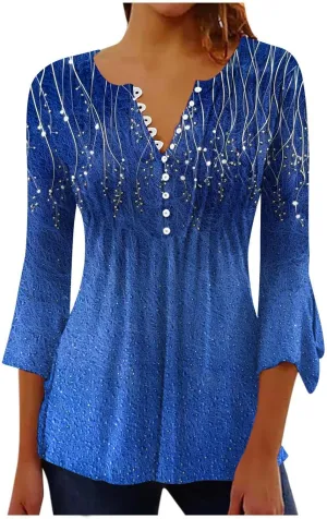 Tunic Henley Tops for Womens 2025 Trendy Boho Floral Print Tunics Shirts 3/4 Bell Sleeve Button V Neck Tshirt Blouses