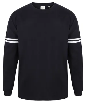 Unisex drop shoulder slogan top | Oxford Navy/White Stripes