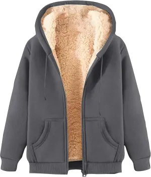 Unisex Women's Fleece Hoodie Jacket Cozy Sherpa Lined Zip Up Warm Hoodie Sweatshirt Winter Fluffy Sweater Hooded Coat