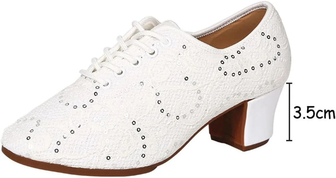 VEACAM Women Latin Dance Sneakers Lace-Up 2" Heel Ballroom Practice Shoes for Jazz, Ballroom