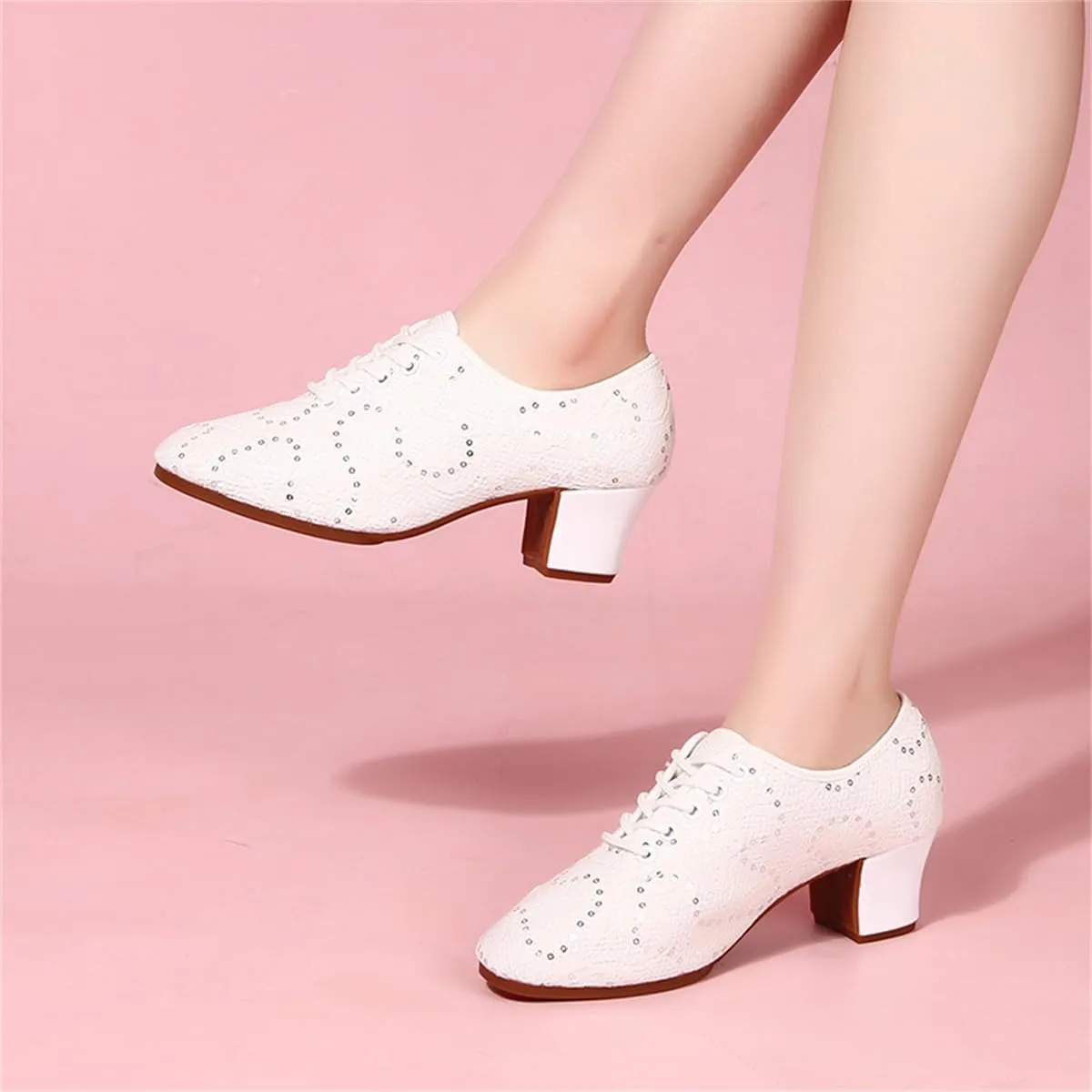 VEACAM Women Latin Dance Sneakers Lace-Up 2" Heel Ballroom Practice Shoes for Jazz, Ballroom