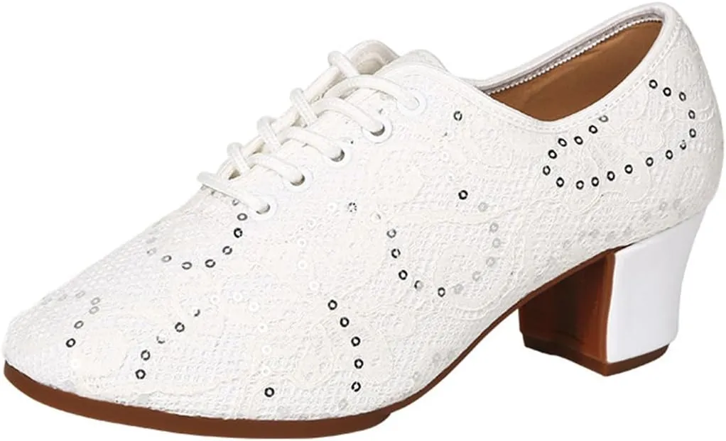 VEACAM Women Latin Dance Sneakers Lace-Up 2" Heel Ballroom Practice Shoes for Jazz, Ballroom