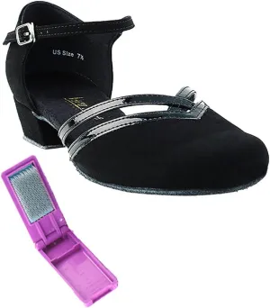 Very Fine Ballroom Latin Tango Salsa Dance Shoes for Women - 8881-1 inch Heel   Foldable Shoe Brush Bundle - Black Nubuck - 9.5