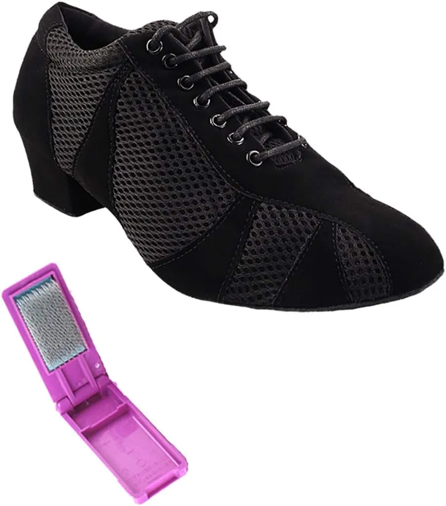 Very Fine Dance Shoes - Heel Dance Sneakers Latin Tango Salsa Dance Shoes for Women - 705LEDSS - 1.5-inch Heel and Foldable Brush Bundle - Black Nubuck - Black Knit Mesh - 8