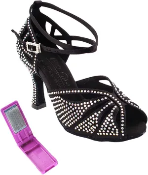 Very Fine Dance Shoes - Ladies Latin, Rhythm, Salsa, Waltz Ballroom Dance Shoes - S1003CC - 3-inch Heel and Foldable Brush Bundle - Black Satin - 10