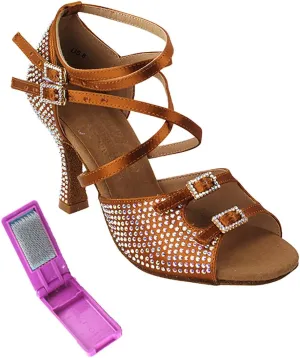 Very Fine Dance Shoes - Ladies Latin, Rhythm, Salsa, Waltz Ballroom Dance Shoes - S1004CC - 2.5-inch Heel and Foldable Brush Bundle - Copper Tan Satin - 9