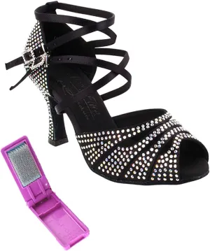 Very Fine Dance Shoes - Ladies Latin, Rhythm, Salsa, Waltz Ballroom Dance Shoes - S1007CC - 2.5-inch Heel and Foldable Brush Bundle - Black Satin - 5