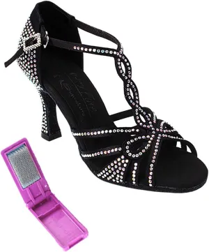 Very Fine Dance Shoes - Ladies Latin, Rhythm, Salsa, Waltz Ballroom Dance Shoes - S1008CC - 2.5-inch Heel and Foldable Brush Bundle - Black Satin - 7.5