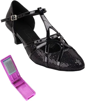 Very Fine Dance Shoes - Ladies Practice, Cuban Low Heel, Waltz Ballroom Dance Shoes - SERA3541-1.2-inch Heel and Foldable Brush Bundle - Black Scale - Black Patent Trim - 6