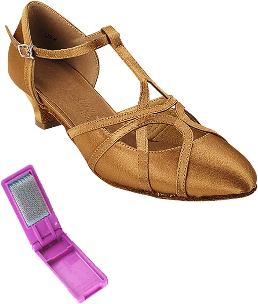 Very Fine Dance Shoes - Ladies Practice, Cuban Low Heel, Waltz Ballroom Dance Shoes - SERA3541-1.2-inch Heel and Foldable Brush Bundle - Brown Satin - 8.5