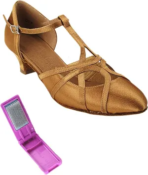 Very Fine Dance Shoes - Ladies Practice, Cuban Low Heel, Waltz Ballroom Dance Shoes - SERA3541-1.2-inch Heel and Foldable Brush Bundle - Brown Satin - 8.5