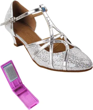 Very Fine Dance Shoes - Ladies Practice, Cuban Low Heel, Waltz Ballroom Dance Shoes - SERA3541-1.2-inch Heel and Foldable Brush Bundle - Silver Scale - Silver Trim - 6