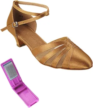 Very Fine Dance Shoes - Ladies Practice, Cuban Low Heel, Waltz Ballroom Dance Shoes - SERA3543-1.2-inch Heel and Foldable Brush Bundle - Brown Satin - 8