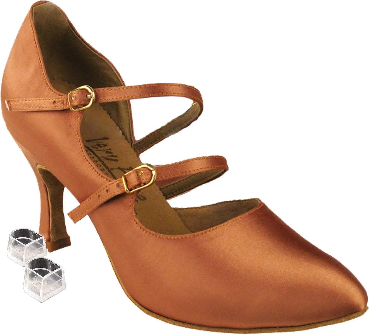 Very Fine Women's Salsa Ballroom Tango Latin Dance Shoes Style PP201 Bundle with Plastic Dance Shoe Heel Protectors, Beige Leather, Heel
