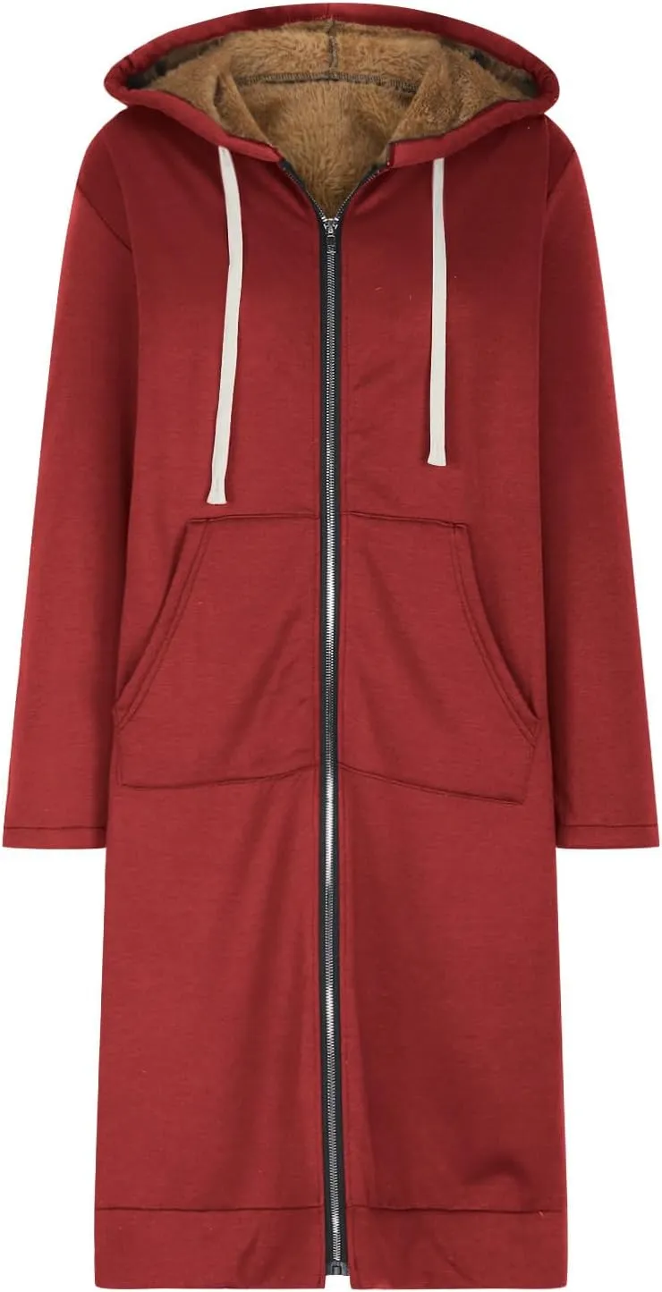 Winter Fleece Lined Women's Hoodies Casual Solid Soft Sherpa Sweatshirts Warm Zip up Tunic Long Coats with Pockets