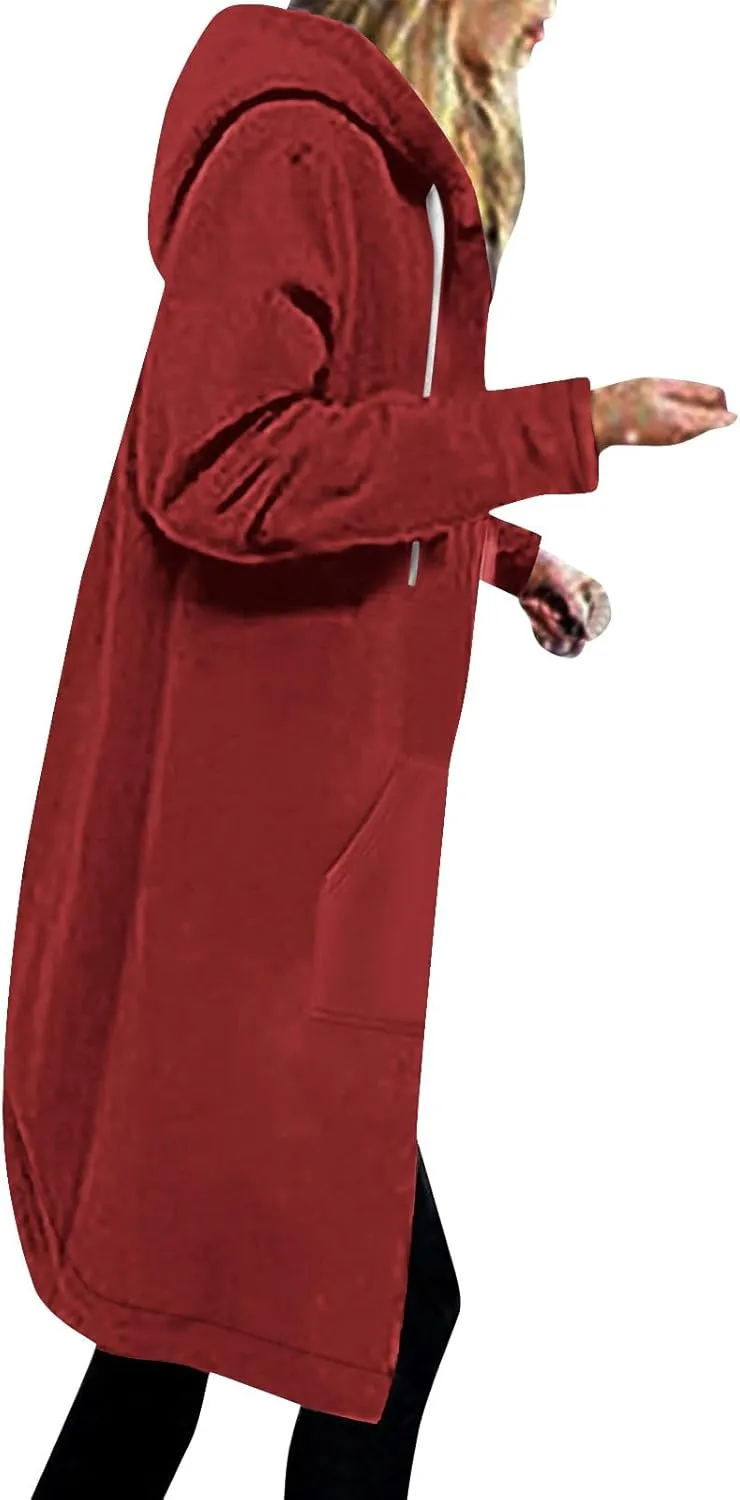 Winter Fleece Lined Women's Hoodies Casual Solid Soft Sherpa Sweatshirts Warm Zip up Tunic Long Coats with Pockets