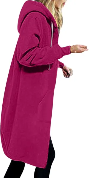 Winter Fleece Lined Women's Hoodies Casual Solid Soft Sherpa Sweatshirts Warm Zip up Tunic Long Coats with Pockets