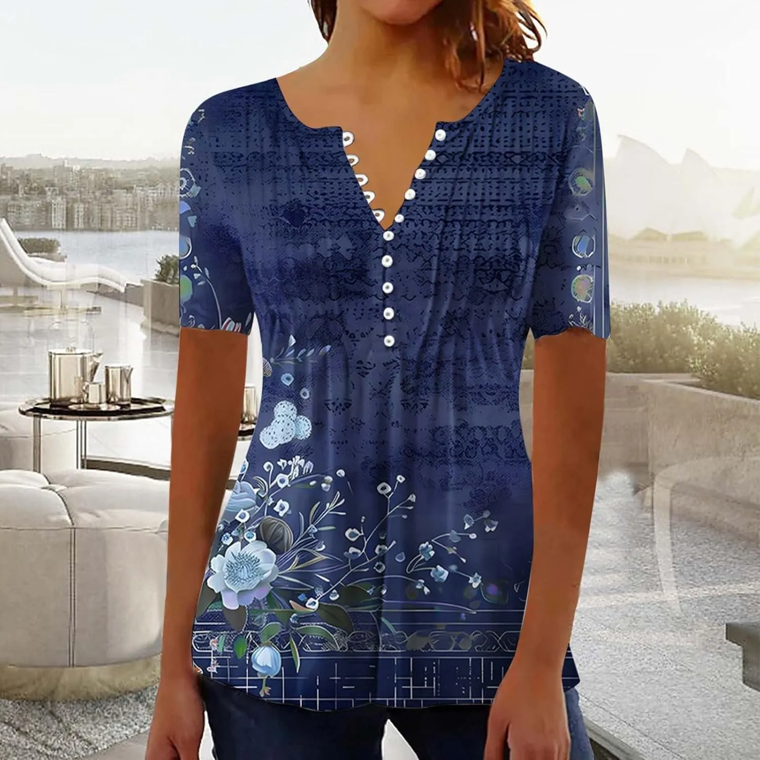 Women 2025 Spring Blouses Tops Floral Short Sleeve Boho T Shirts Dressy Casual Tunic Beach Vacation Ladies Clothing