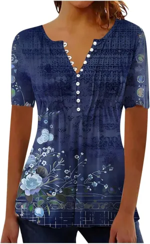 Women 2025 Spring Blouses Tops Floral Short Sleeve Boho T Shirts Dressy Casual Tunic Beach Vacation Ladies Clothing