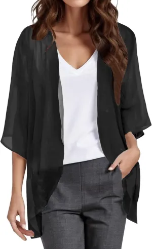 Women Chiffon Kimono Cardigan Dressy 3/4 Puff Sleeve Summer Beach Cover Up Sheer Capes Open Front Casual Shrug Blouse Tops