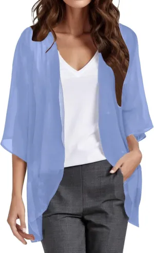 Women Chiffon Kimono Cardigan Dressy 3/4 Puff Sleeve Summer Beach Cover Up Sheer Capes Open Front Casual Shrug Blouse Tops