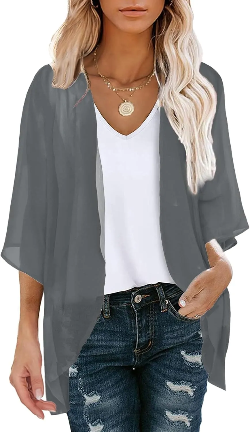 Women Chiffon Kimono Cardigan Dressy 3/4 Puff Sleeve Summer Beach Cover Up Sheer Capes Open Front Casual Shrug Blouse Tops