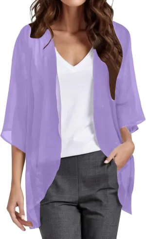 Women Chiffon Kimono Cardigan Dressy 3/4 Puff Sleeve Summer Beach Cover Up Sheer Capes Open Front Casual Shrug Blouse Tops