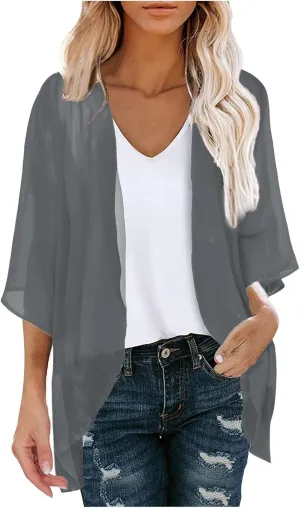 Women Chiffon Kimono Cardigan Dressy 3/4 Puff Sleeve Summer Beach Cover Up Sheer Capes Open Front Casual Shrug Blouse Tops