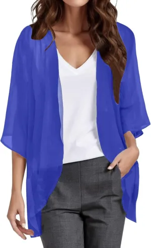 Women Chiffon Kimono Cardigan Dressy 3/4 Puff Sleeve Summer Beach Cover Up Sheer Capes Open Front Casual Shrug Blouse Tops
