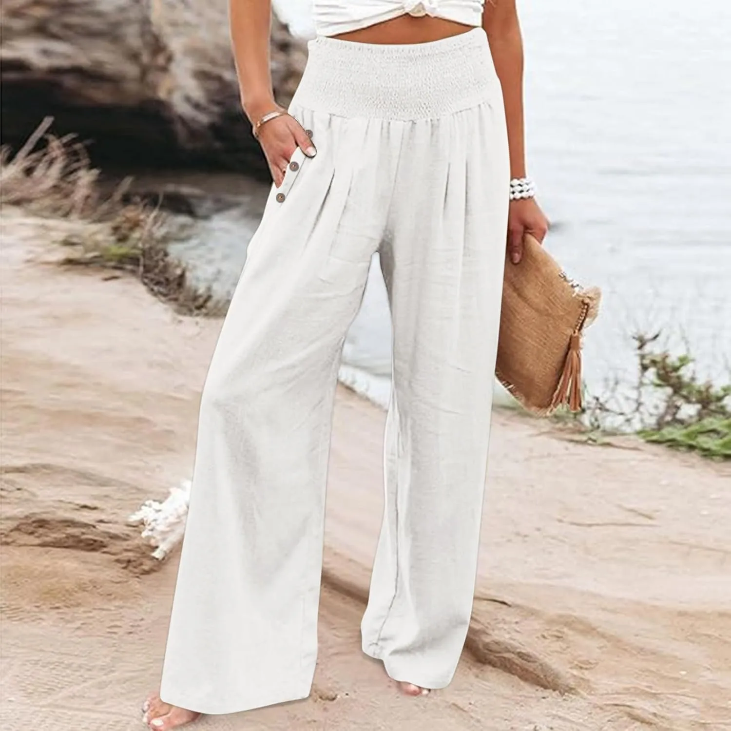 Women Fashion Pants Elastic Waist Pants with Pocket Loose Harem Pants Printed Crop Pants for Women