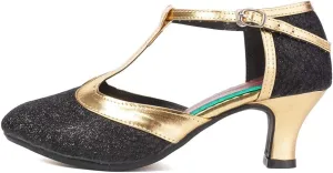 Women Glitter Latin Dance Shoes with T-Strap Ballroom Performance Closed Toe Dancing Shoes,Model DY-309