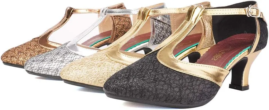 Women Glitter Latin Dance Shoes with T-Strap Ballroom Performance Closed Toe Dancing Shoes,Model DY-309