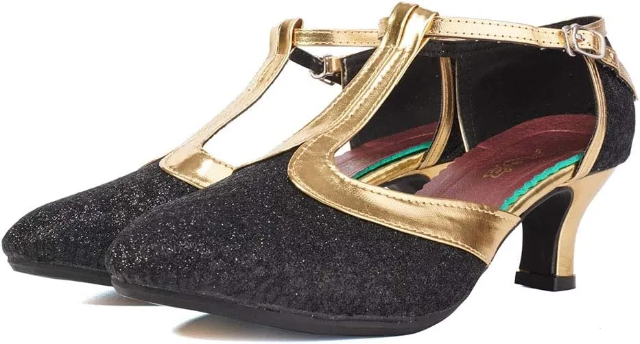 Women Glitter Latin Dance Shoes with T-Strap Ballroom Performance Closed Toe Dancing Shoes,Model DY-309