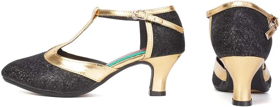 Women Glitter Latin Dance Shoes with T-Strap Ballroom Performance Closed Toe Dancing Shoes,Model DY-309