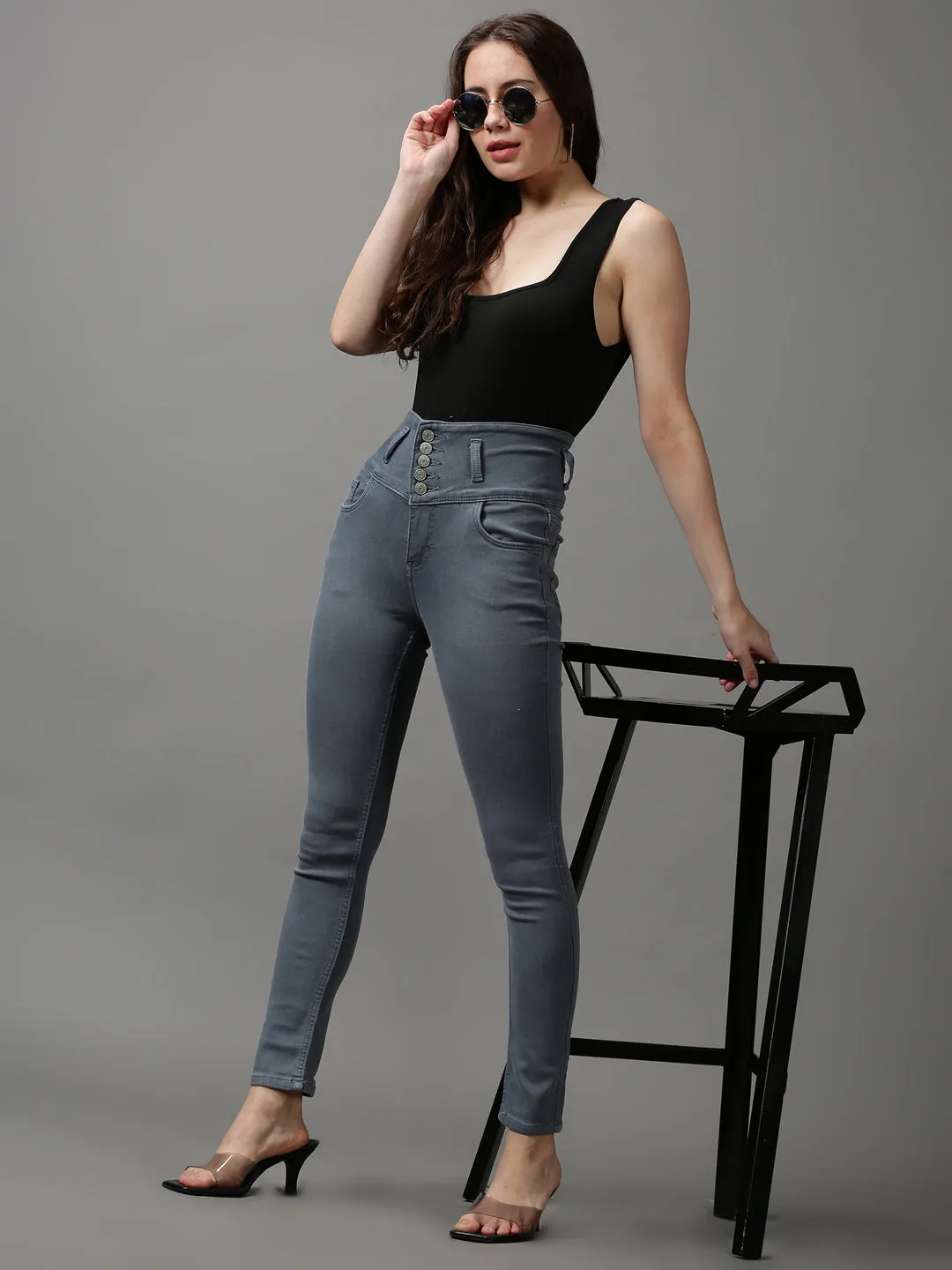Women Grey Skinny Fit High-Rise Stretchable Denim Jeans