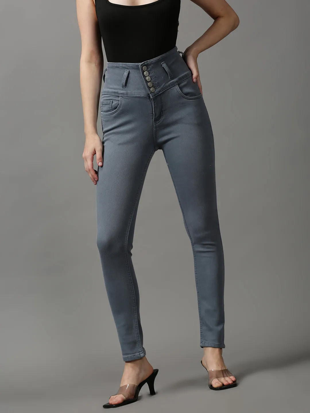 Women Grey Skinny Fit High-Rise Stretchable Denim Jeans
