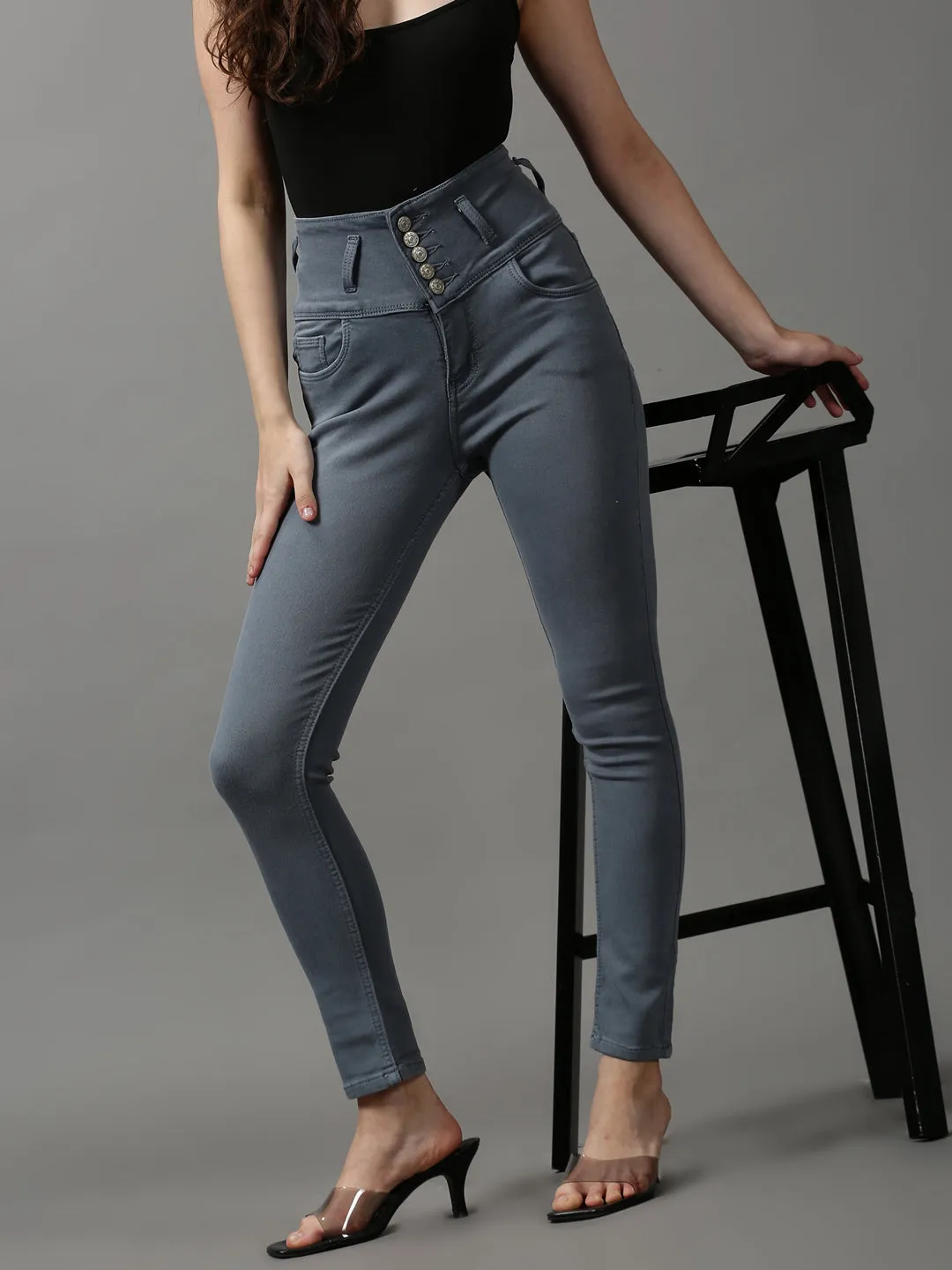Women Grey Skinny Fit High-Rise Stretchable Denim Jeans