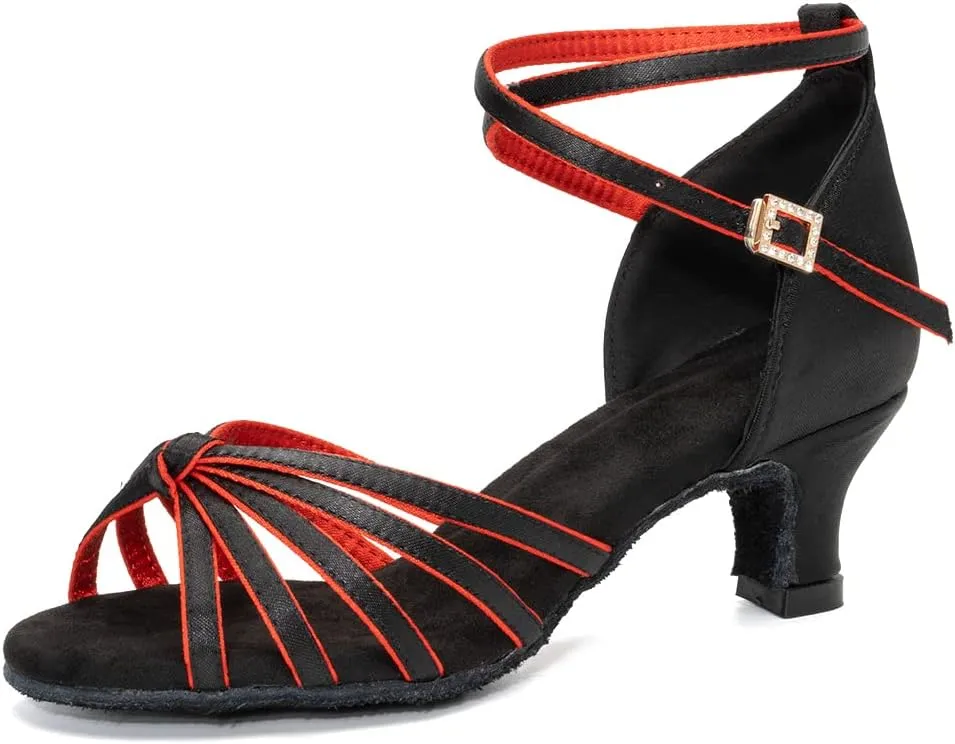 Women Latin Dance Shoes Satin Ballroom Salsa Professional Practice Dancing Shoes, Model EM-217GB-5