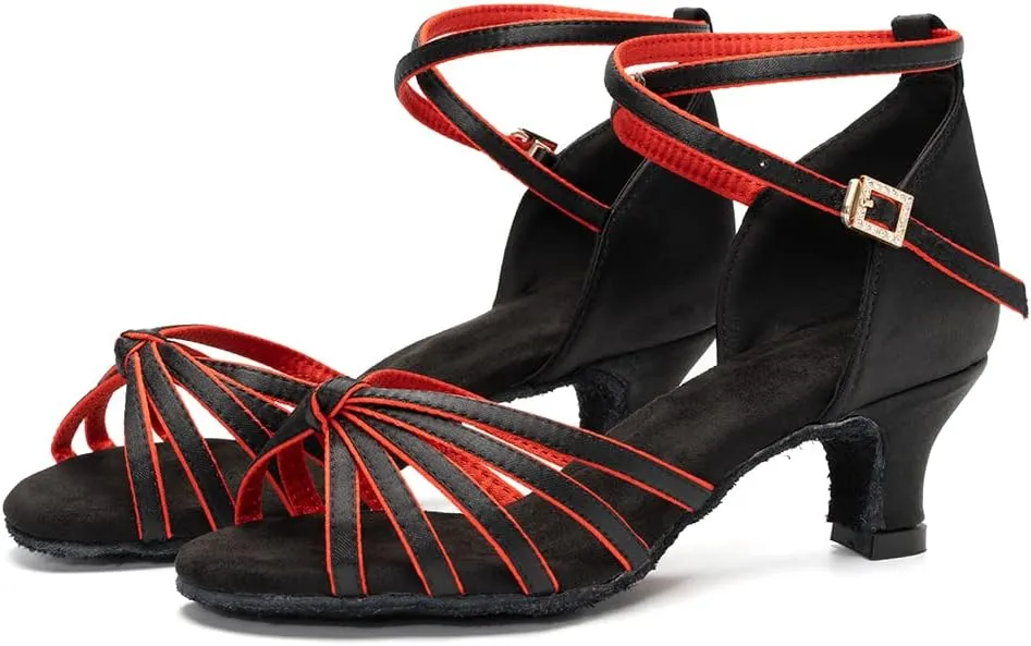 Women Latin Dance Shoes Satin Ballroom Salsa Professional Practice Dancing Shoes, Model EM-217GB-5