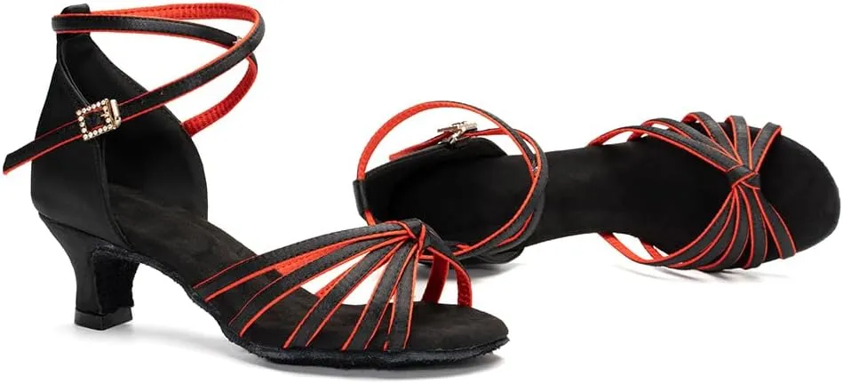Women Latin Dance Shoes Satin Ballroom Salsa Professional Practice Dancing Shoes, Model EM-217GB-5
