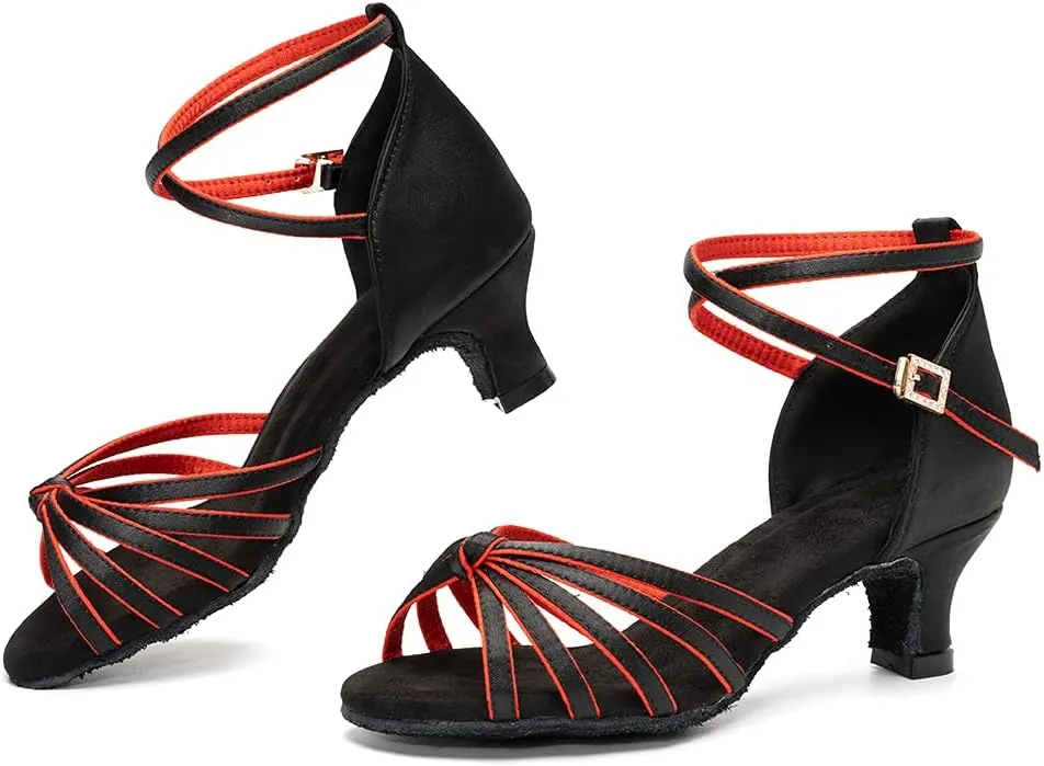 Women Latin Dance Shoes Satin Ballroom Salsa Professional Practice Dancing Shoes, Model EM-217GB-5