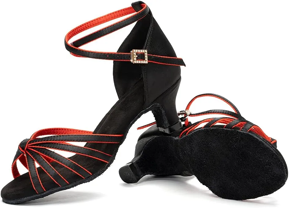 Women Latin Dance Shoes Satin Ballroom Salsa Professional Practice Dancing Shoes, Model EM-217GB-5